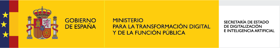 Logo del Gobierno de España con el texto "Ministerio para la Transformación Digital y de la Función Pública" y "Secretaría de Estado de Digitalización e Inteligencia Artificial". Representa la iniciativa del gobierno en la modernización digital y la implementación de tecnologías avanzadas.