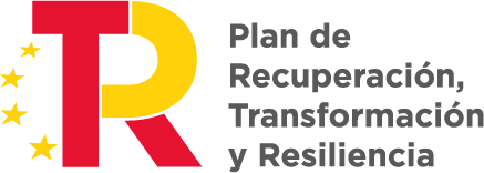 Logo del Plan de Recuperación, Transformación y Resiliencia de España, que incluye elementos gráficos en rojo, amarillo y gris, junto con estrellas que representan la Unión Europea.