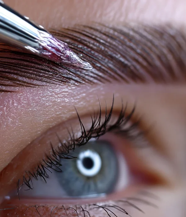 Aplicación de gel para cejas en primer plano, mostrando una ceja bien definida y un ojo azul. Ideal para temas de belleza y cuidado personal.